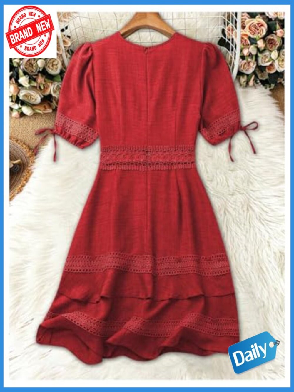 Women's Lace V-Neck Puff Short Sleeve A-Line Mini Dress - Picture 3 of 5